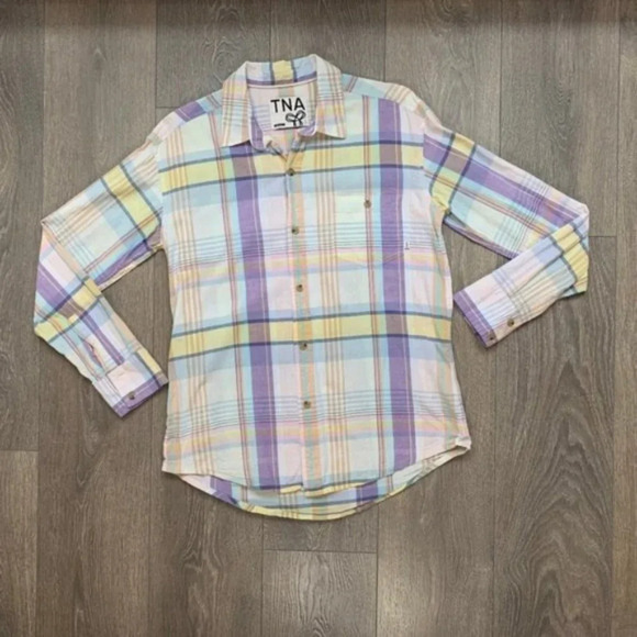 Aritzia TNA Plaid Button Down Shirt Classic Fit Yellow Purple Size Small - Picture 6 of 16